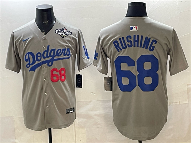 Men's Grey Los Angeles Dodgers #68 Dalton Rushing 2025 World Series Patch Limited Stitched Baseball Jersey